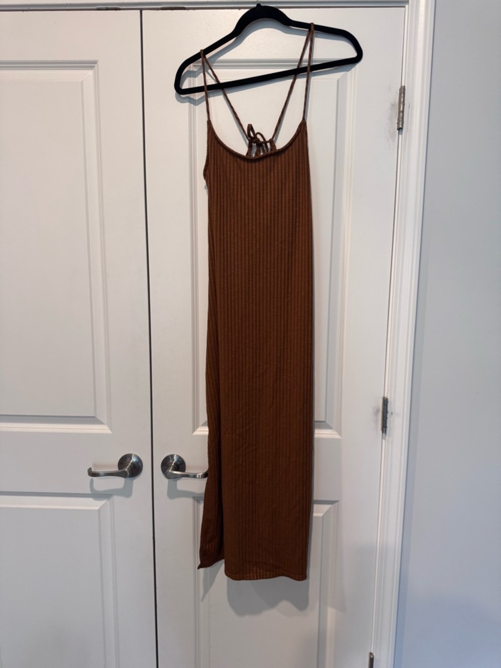 Brown Ribbed Spaghetti Strap Midi Maternity Dress Pink Blush Size Large